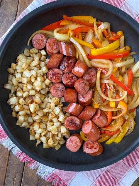 Smoked Sausage Peppers Onions Potatoes Skillet Plowing Through Life