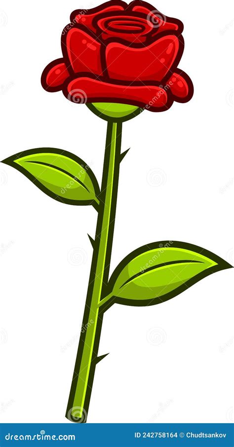 Cartoon Red Rose Flower With Stem Stock Vector Illustration Of