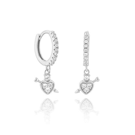 Silver Crystal Heart Drop Huggie Hoop Earrings Classy Women Collection