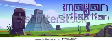 Ancient Mayan Pyramids Moai Statues On Stock Vector Royalty Free