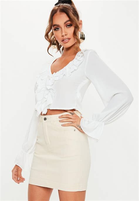 White Ruffle Front Crop Blouse Missguided Long Sleeve Ruffle Crop Top Crop Top Blouse Crop