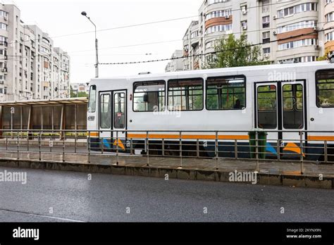 Tram In Traffic Public Transport Bucharest Romania 2022 Stock Photo