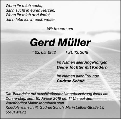 Traueranzeigen Von Gerd M Ller Vrm Trauer De