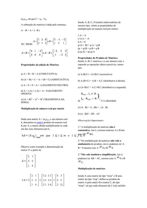 Matrizes E Operacoes Matrizes Pdf