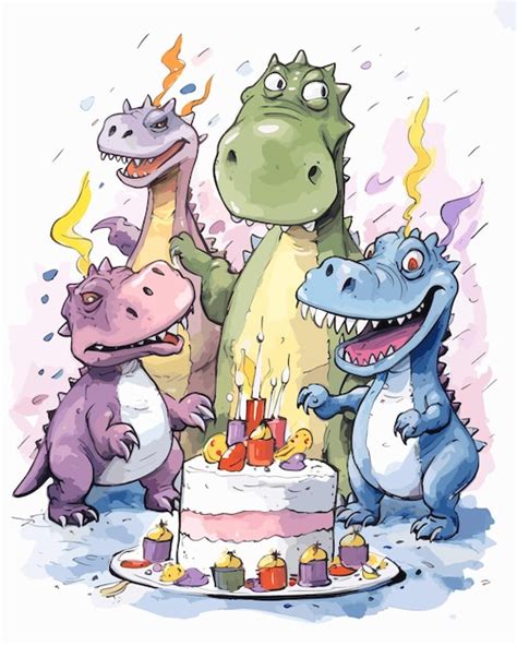 Un dibujo de un dinosaurio con un pastel de cumpleaños y un pastel De