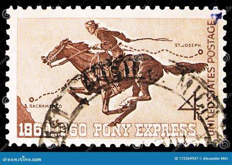 Postage Stamp Printed In United States Shows Pony Express Rider