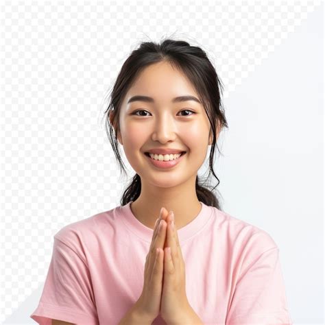 Smiling Young Asian Woman In Pink Shirt Clapping In Hands And Looking