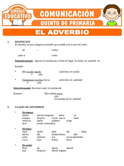 El Adverbio Definicion Y Clases Para Quinto De Primaria Pdf Adverbio Lingüística