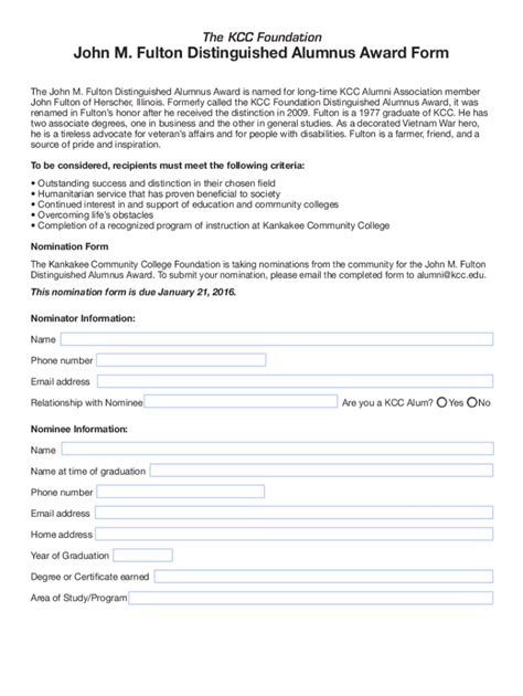 Fillable Online John M Fulton Distinguished Alumnus Award Form Fax