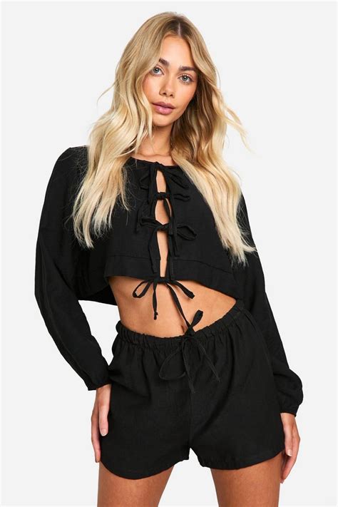 Textured Linen Look Volume Sleeve Blouse And Flippy Shorts Boohoo Uk