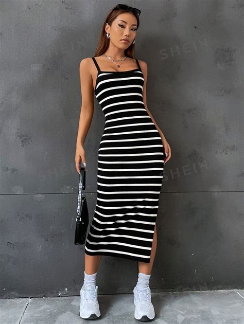 Shein Ezwear Vestido De Verano A Rayas Sin Mangas Con Abertura En El