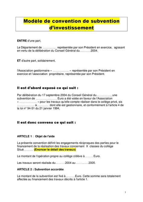 Modèle De Convention De Subvention Dinvestissement Doc Pdf Page 1