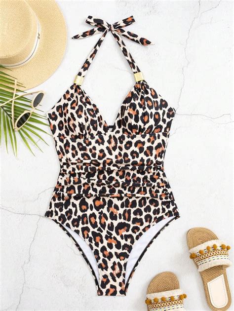 New Style Women S One Piece Swimsuit Sexy Leopard Print Halter Bikini