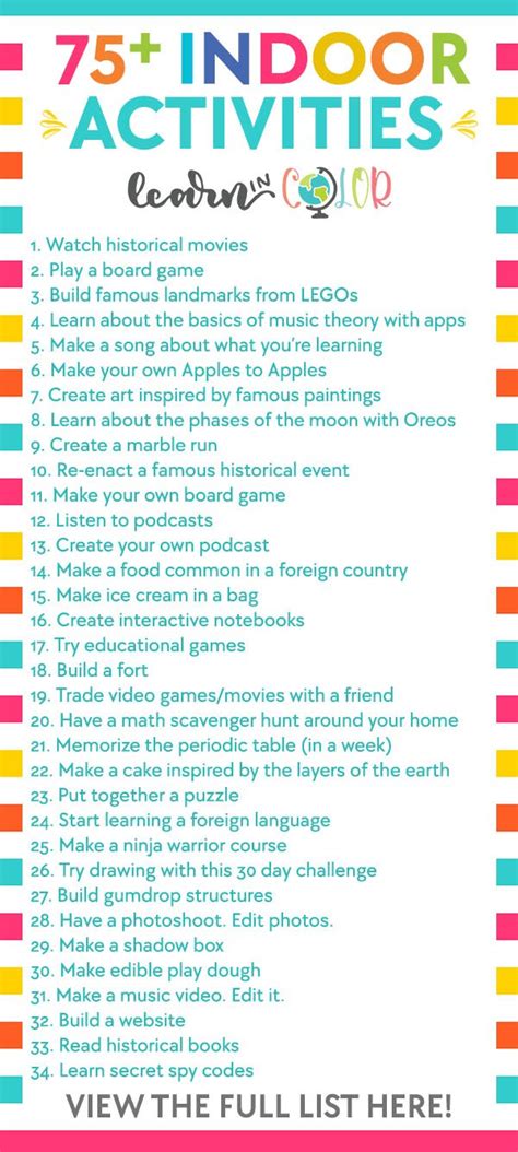 75 indoor activities infographic - Learn in Color