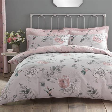 Heavenly Hummingbird Grey And Blush Duvet Cover And Pillowcase Set Dunelm