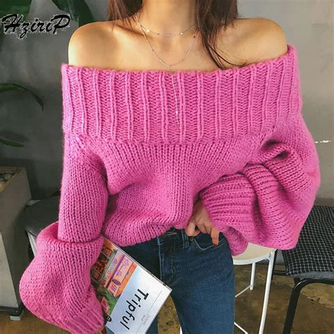 Hzirip Sexy Off Shoulder Women Loose Autumn Winter Sweaters And