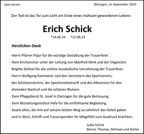 Traueranzeigen Von Erich Schick Schwarzw Lder Bote Trauer