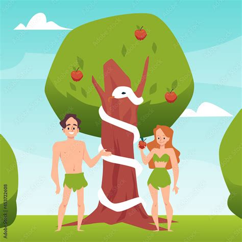 Temptation Of Adam And Eve With Forbidden Fruit Flat Vector