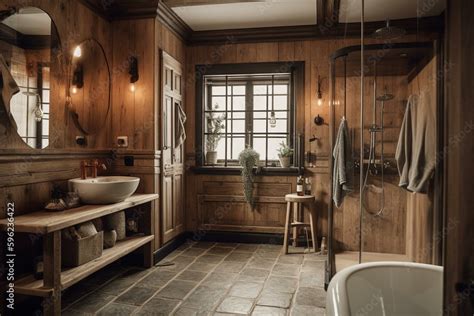 Rustic bathroom with wooden paneling, shower and washbasin in morning ...