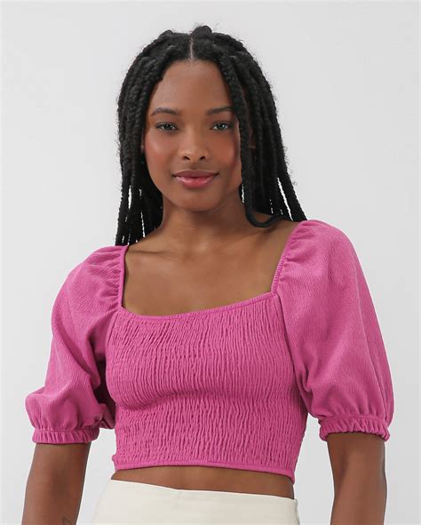 Riachuelo Blusa Cropped Em Lastex Manga Bufante Rosa Pool By