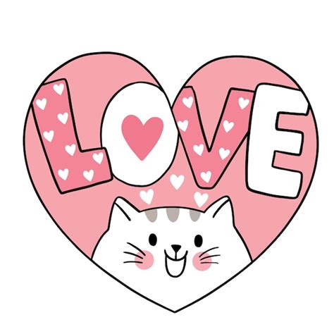 Premium Vector Hand Draw Cartoon Cute Valentines Day Cat Andlove In Heart Frame