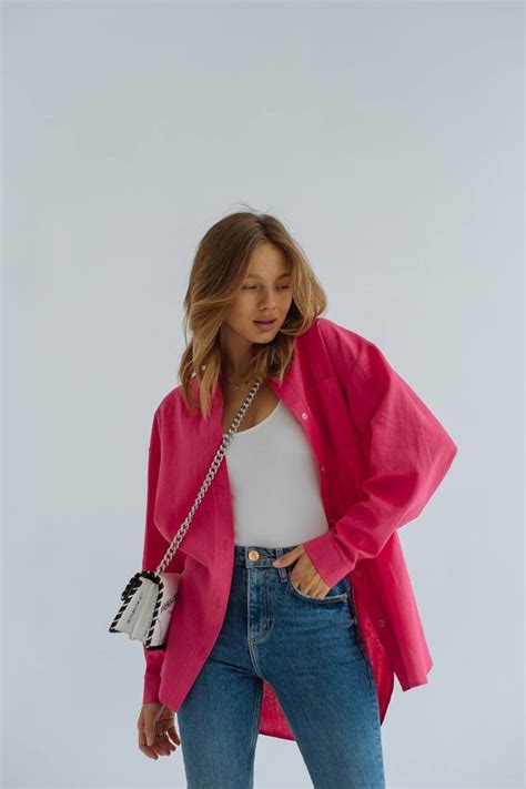 Hot Pink Linen Shirt For Women Oversized Natural Linen Top With Long Sleeves For Women Pink