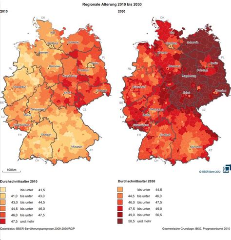 Average age of German districts in 2010 and projection for 2030 ...