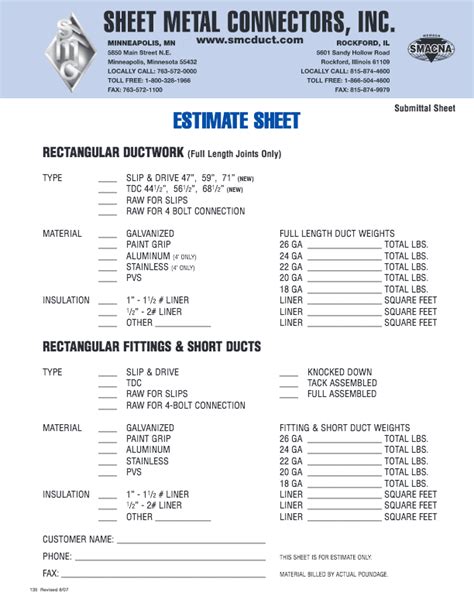 rectangular-ductwork-estimate-sheet - Sheet Metal Connectors, Inc.