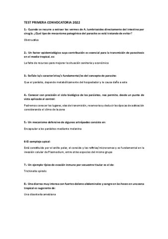 Parasito Test Ordinaria 2022 Con Respuestas CORREGIDO Pdf