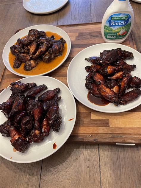 Smoked then fried wings three different sauces : r/Wings