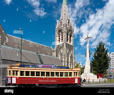 Traditional Tram In Front Of Christchurch Cathedral Christchurch