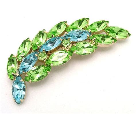 Vintage Rhinestone Leaf Brooch Pale Blue And Green