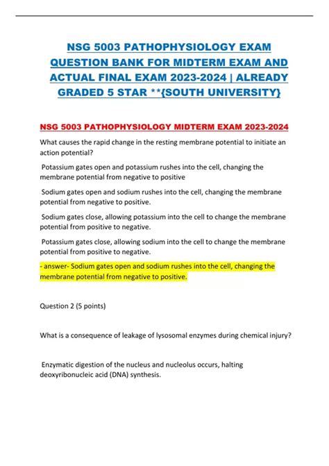 NSG 5003 PATHOPHYSIOLOGY EXAM QUESTION BANK FOR MIDTERM EXAM AND ACTUAL