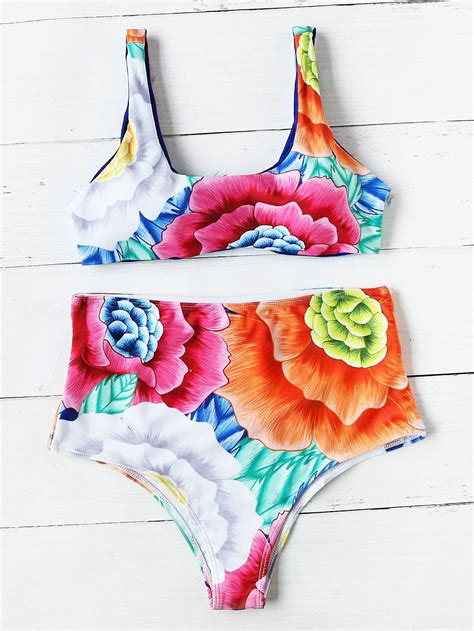 Flower Print High Waist Bikini Set Shein Sheinside