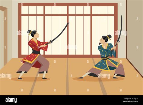 Two cartoon samurai characters fighting each other with swords Stock ...