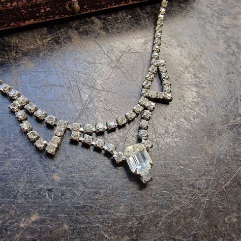 Old Art Deco Rhinestone Necklace Vintage Wedding Antique 1940s Brass