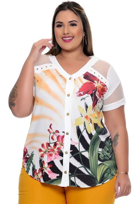 Camisa Plus Size Estampada Decote V Ombros Em Tule Vk Moda Plus Size