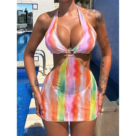 Tie Dye Three Pieces Micro Bikini Set Cover Up Halter Bandage Swimwear Power Day Sale