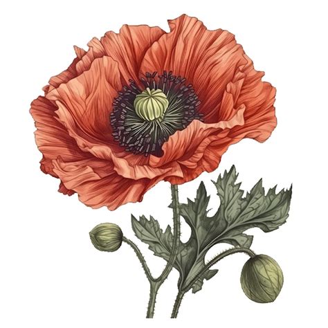 Drawing of a red poppy with green leaves | Premium AI-generated image