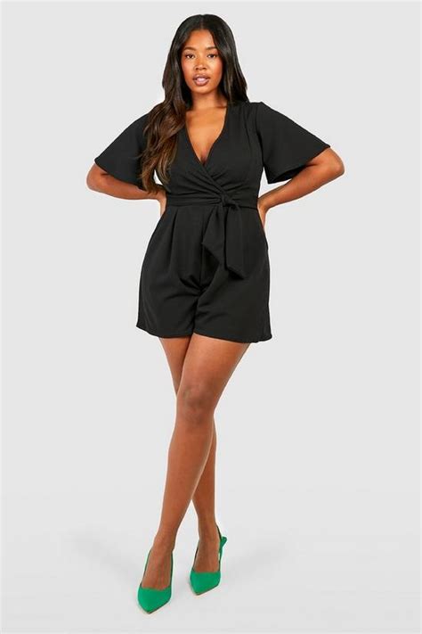 Playsuits Plus Scuba Crepe Angel Sleeve Tie Belt Flippy Playsuit Boohoo