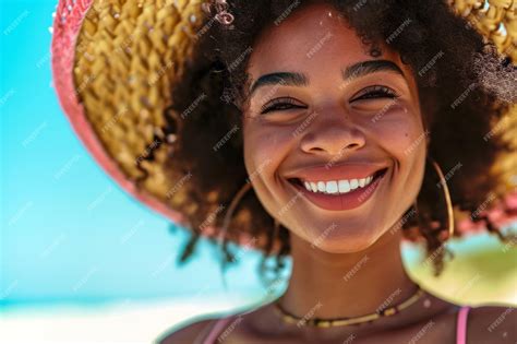 Premium Photo Joyful Young Woman Smiling On A Sunny Beach Wearing A