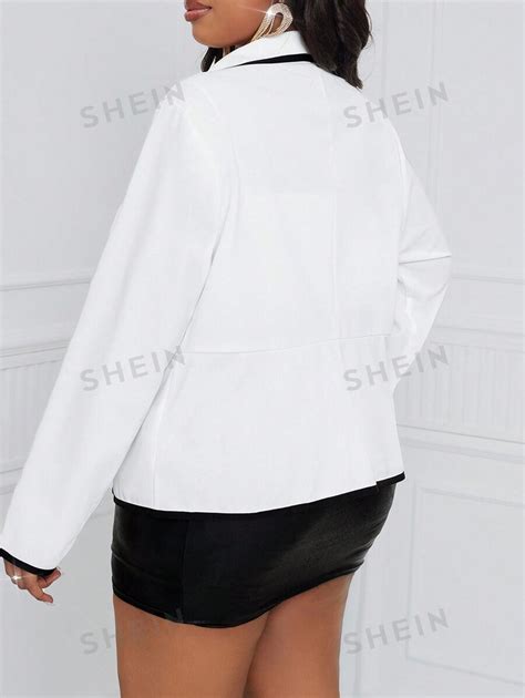 Shein Lady Plus Size Suit Jacket With Black Trim And White Color Block