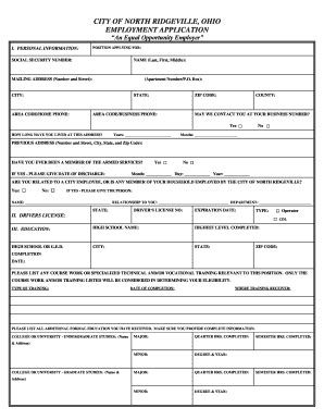 Fillable Online City Of North Ridgeville Ohio Employment Application