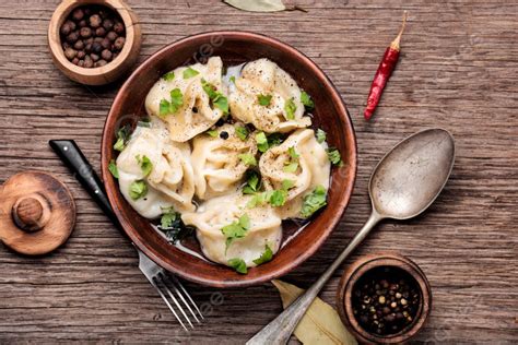 Meat Dumplings Pelmeni On Wooden Rustic Backgroundukrainian Pelmeni