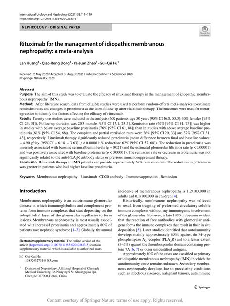 Rituximab For The Management Of Idiopathic Membranous Nephropathy A Meta Analysis