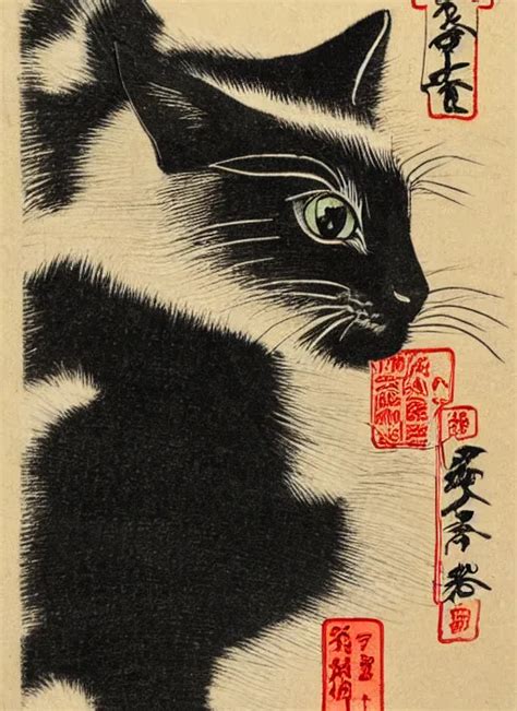 Japanese Woodblock Print Black Cat Blue Eyes Stable Diffusion