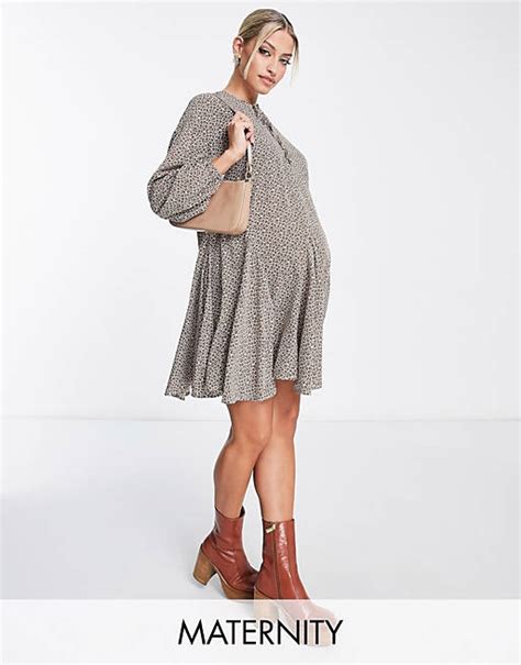 Glamorous Maternity Tie Neck Mini Smock Swing Dress In Brown Floral Asos