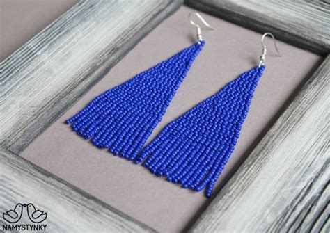 Blue Beaded Earrings Bright Blue Beadwork Earrings Dangle Beadwork Earrings Fringe Earrings