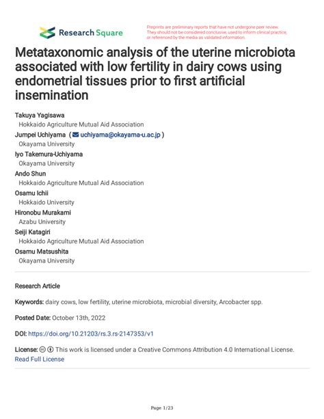 Pdf Metataxonomic Analysis Of The Uterine Microbiota Associated With Low Fertility In Dairy