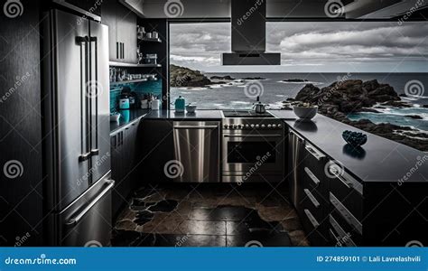 Beautiful Modern Kitchen With Stainless Steel Appliances Generative Ai Stock Illustration